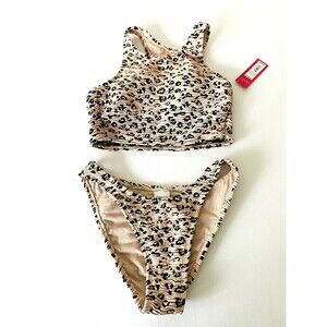 NWT Xhilaration Two Piece Bikini High Leg Scoop Waist Leopard Cheetah Small 0-2